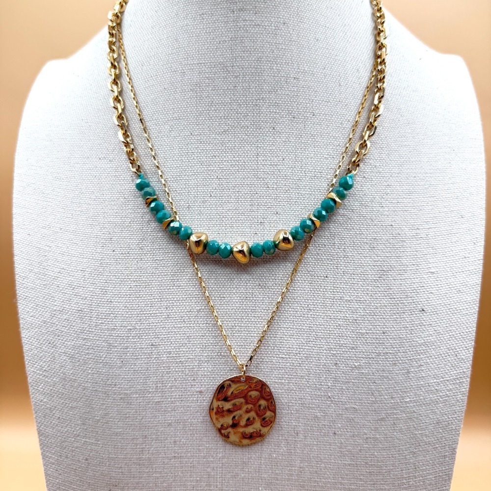 Time and Tru Gold & Turquoise Tone Layered Beaded Hammered Pendant Necklace Boho